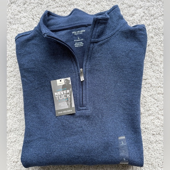 Van Heusen Never Tuck Sweater Mens Blue 1/4 Zip Long Sleeve Classic Fit Size L - Picture 4 of 12